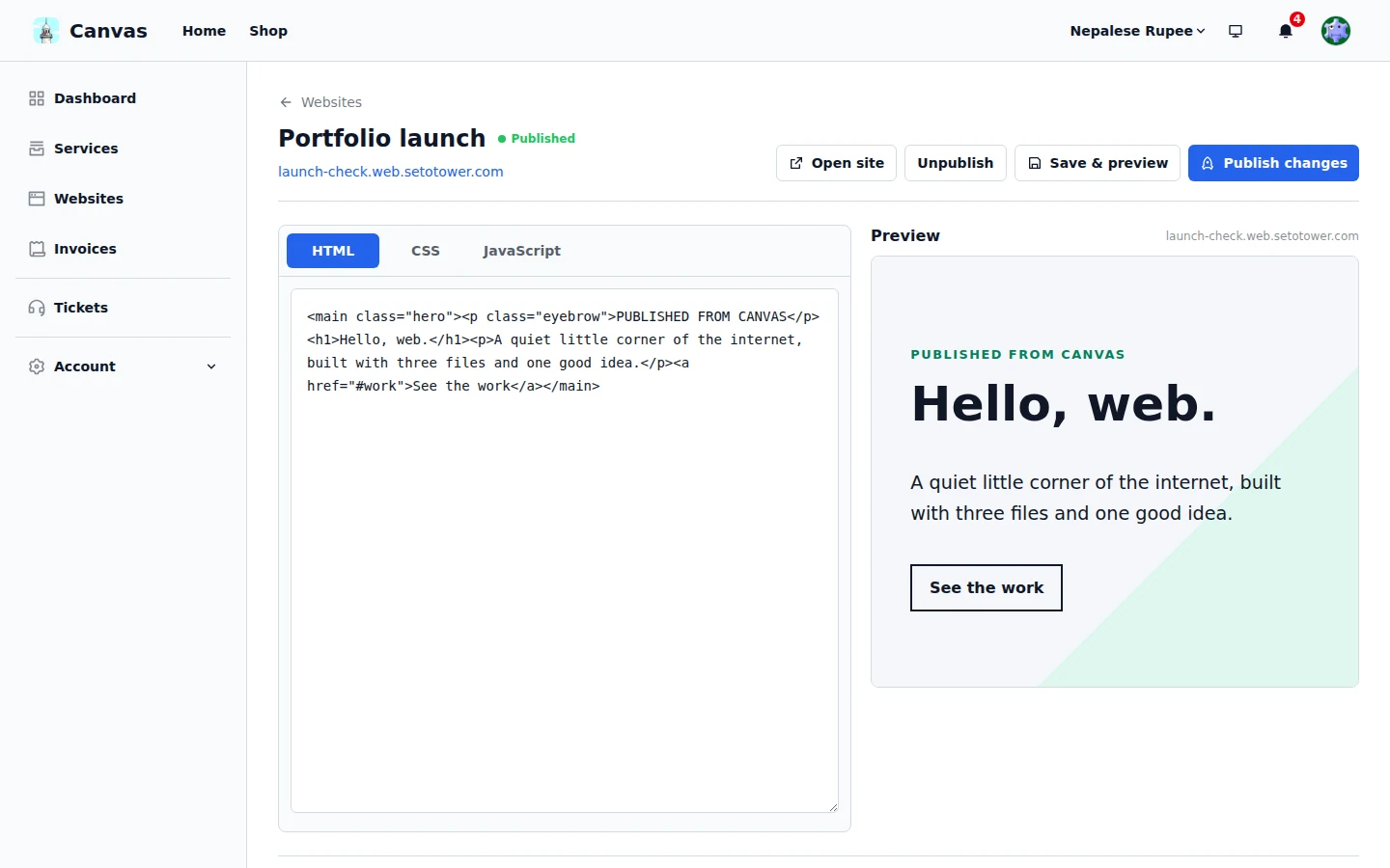 Canvas static website editor with HTML, CSS, JavaScript, and a live preview